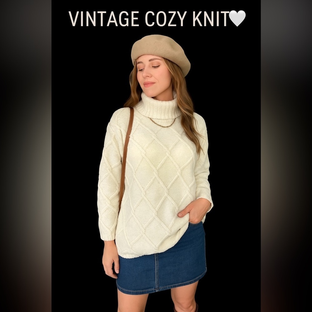 Valerie Stevens Vintage Cable Knit Cream Wool Turtleneck Sweater 90s